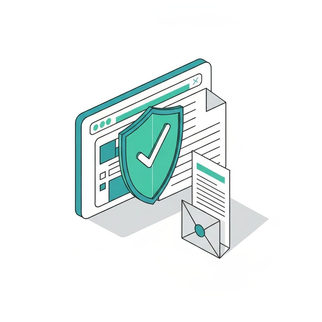 Ilustração isométrica de um escudo com selo de verificação sobre um documento
